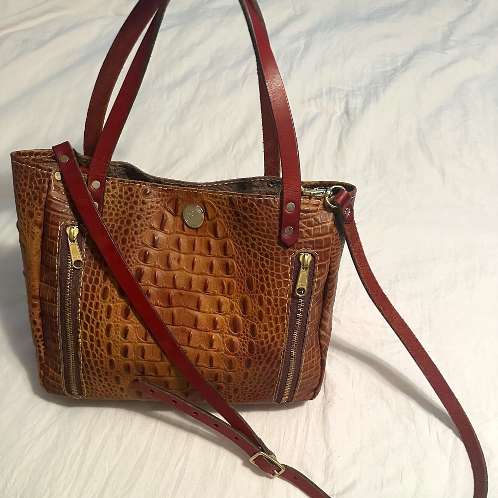 Brown leather purse removable strap croc motif carry bag Southlife Supply